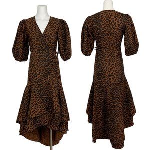Ganni Poplin Wrap Dress 36 US/6 Leopard Print Toffee Asymmetrical